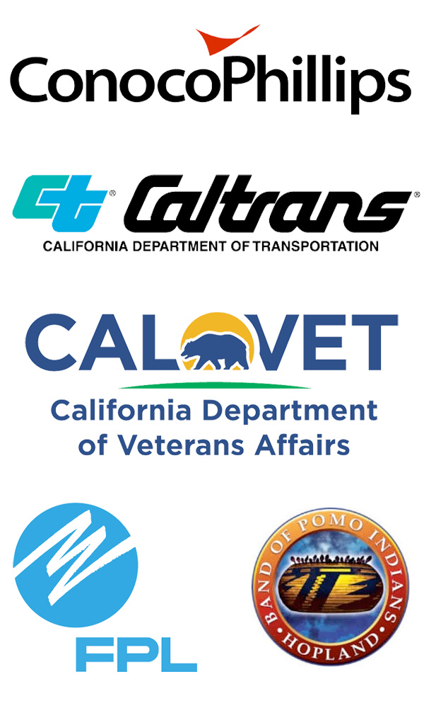 Partners and Clients: Conoco Phillips, CA Department of Transportation, CA Department of Veterans Affair, Florida Power and Light, Band of Pomo Indians